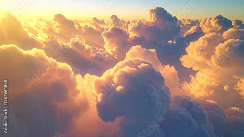 Breathtaking Aerial View of Majestic Cumulus Clouds Bathed in Golden Sunset Light Beauty