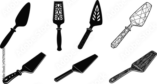 Cake server spatula icon set, kitchen utensil silhouette vector, bakery dessert serving tool illustration, modern cooking equipment design collection