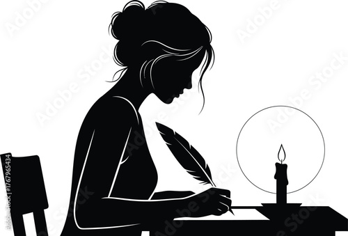 Woman Writing with Feather Quill Silhouette Vintage Female Author by Candlelight Vector Art