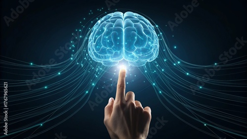 A hand reaching out to a glowing brain with data streams.