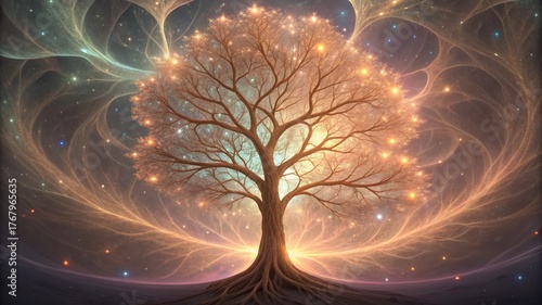 Mystical tree with glowing branches and cosmic background.