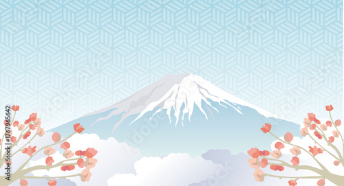 富士山, 山, お正月, 晴天, 快晴, 年賀状, 和風, 和柄, 美しい, 世界遺産, 登山, 風景, 景色, 手書き, ベクター, アート, グラフィック, 雪、地紋、柄、模様、空、自然、梅、花、シンプル、美しい、