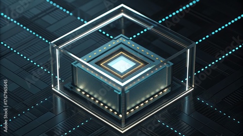 Futuristic processor in a transparent casing on a technology background.