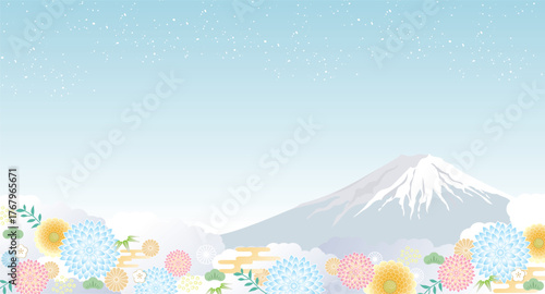富士山, 山, お正月, 晴天, 快晴, 年賀状, 和風, 和柄, 美しい, 世界遺産, 登山, 風景, 景色, 手書き, ベクター, アート, グラフィック, 雪, 花, 梅, 緑, 葉, 松, 飛沫、日本