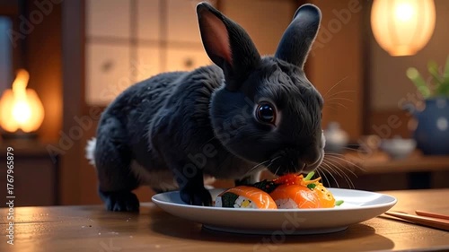 Adorable black rabbit enjoying a delicious sushi meal in a cozy Japanese restaurant setting