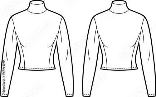 Cropped top fashion illustration, technical sketch, mirrored views, princess seams, mock neck, long sleeves, fitted silhouette, garment construction, modern design