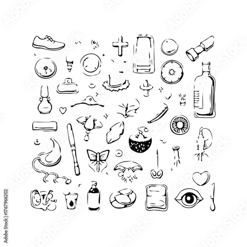 Black and white hand drawn sketch with various elements suggesting a whimsical collage of everyday