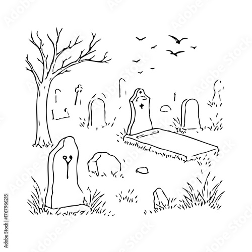 Black and white illustration displaying a quiet cemetery scene under a flock of flying birds with