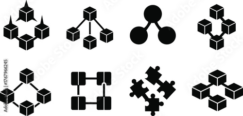 Blockchain network connection symbols, digital technology concept icons, decentralized data system, crypto chain structure, distributed ledger vector illustration design