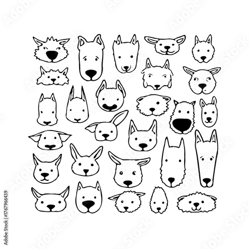 Charming canine companions: A delightful array of hand-drawn dog faces showcasing variety breeds