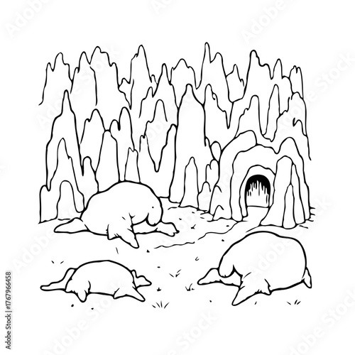 Charming cave illustration showcasing adorable seals enjoying a tranquil moment amidst the rocky