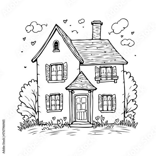 Charming hand drawn house with whimsical elements, inviting residence illustration and playful