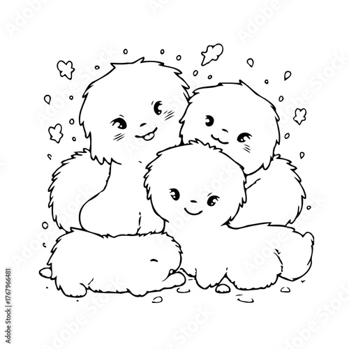 Charming monochromatic illustration presents a group of adorable fuzzy creatures with friendly