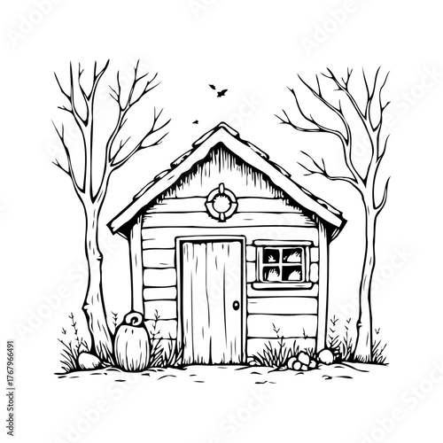 Charming rustic cabin nestled among trees illustration conveying tranquility and simple living