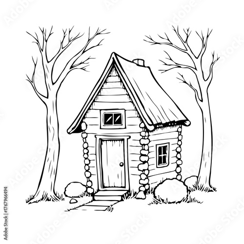 Charming rustic log cabin nestled amongst bare trees evoking serene countryside living and