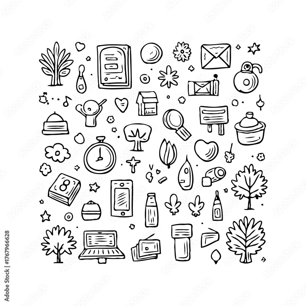 Naklejka premium Collection of hand-drawn line doodle design elements featuring everyday objects and nature icons