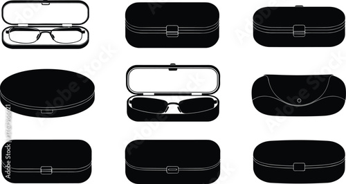 Black silhouette vector collection of eyeglass cases and sunglasses boxes, detailed illustration for eyewear protection, storage, and fashion accessory design