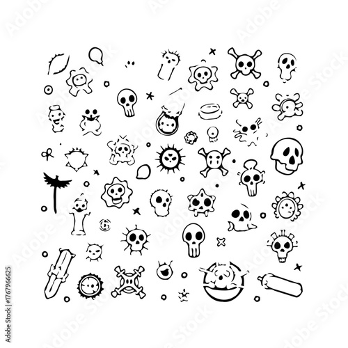 Collection of hand-drawn illustrations displaying various skulls and bacteria-like organisms