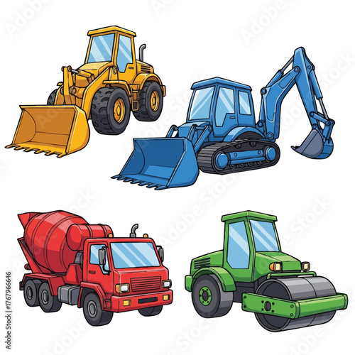 A vibrant illustration showcases a collection of construction vehicles, including a bulldozer, excavator, cement truck, and roller, all in a cartoon style.