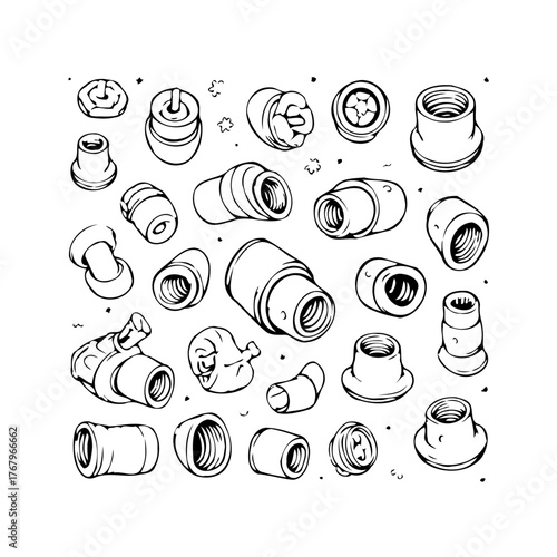 Collection of plumbing fittings creates an industrial aesthetic, a sketch of various plumbing