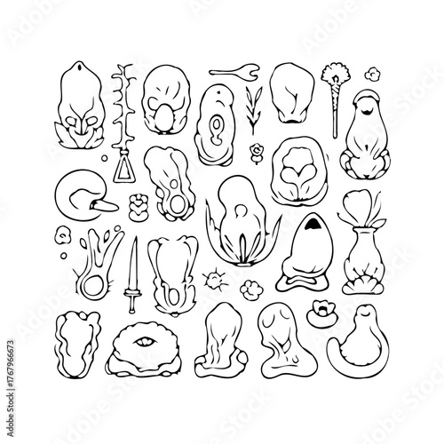 Collection of quirky hand drawn mystical creature illustrations, set of strange otherworldly