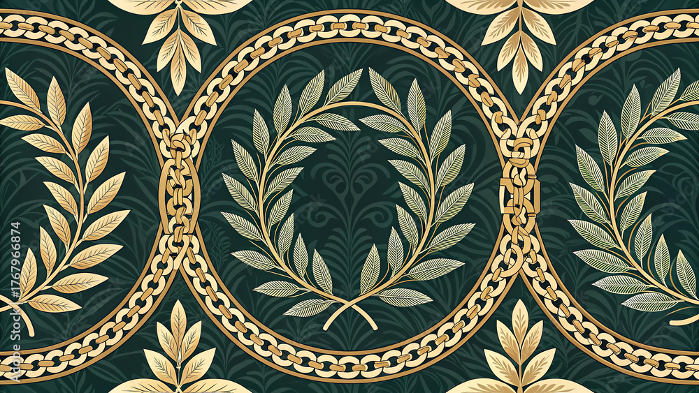 Victorian damask with European and Western style, gold chain medallions and laurel wreaths on dark emerald, seamless luxury ornamental wallpaper background, classical botanical design
