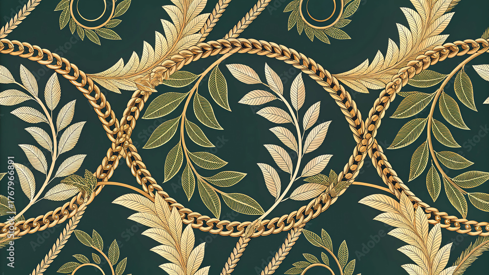 European Western Victorian damask pattern with gold chain medallions and laurel leaves on dark emerald, seamless luxury botanical wallpaper background, ornate classical ornamental design