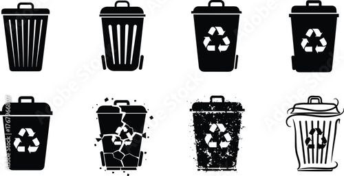 Black silhouette trash bin and recycle bin icons set, garbage can, waste management, dustbin, eco recycling symbol, white background vector illustration
