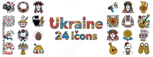 Colorful Ukrainian folk icons set in red and yellow tones