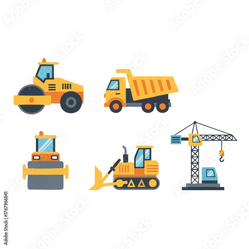 A vibrant illustration showcases various construction vehicles, including a road roller, dump truck, bulldozer, and crane, against a clean white backdrop.