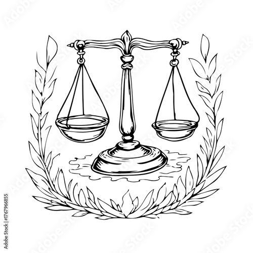 Conceptual balance representation featuring vintage scale icon and floral decorations in a