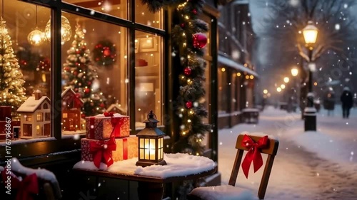christmas market under Falling Snow, Christmas festive background, Christmas ambient background, Christmas outdoor background, Christmas tree, ornaments in snow falling, christmas outdoor view