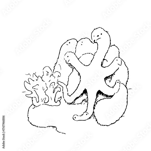 Conceptual sketch of peculiar creatures in a surreal landscape that transcends the conventional