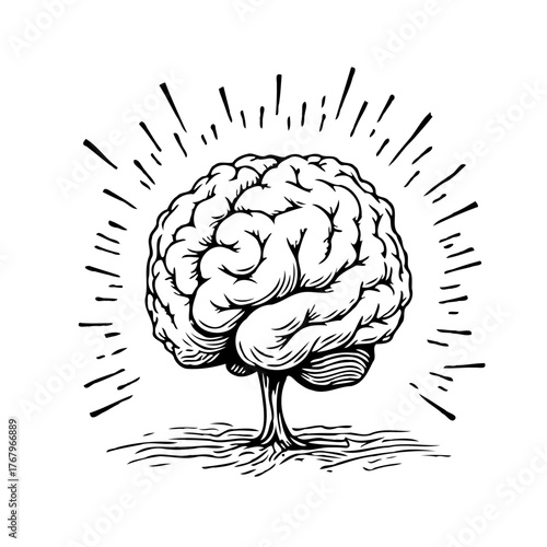 Conceptual illustration presenting the human brain as a tree of knowledge with radiating brilliance
