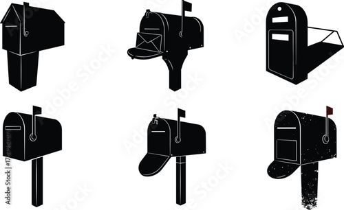 Black silhouette mailbox vector set, postal delivery box illustration, vintage mail postbox design, communication symbol, postal service concept art