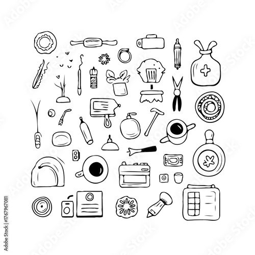 Delicate line drawing showcases an array of assorted objects a whimsical collection with charm and