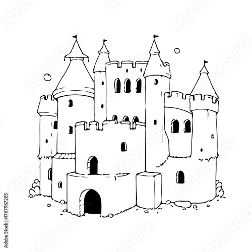 Detailed line drawing of a whimsical fairytale castle with multiple turrets and stone details is