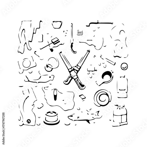 Detailed line drawing showcasing an array of fishing equipment scattered artistically across a