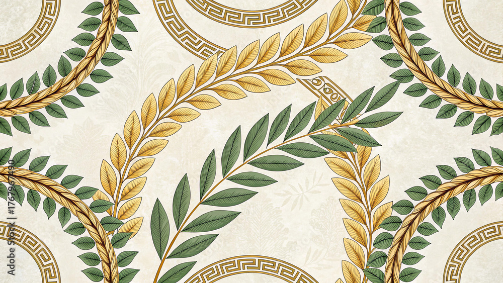 Victorian Damask Pattern with European & Western Influence, Laurel Wreaths and Greek Meander Medallions, Seamless Ornamental Wallpaper Background in Gold and Green, Luxury Vintage Botanical Design
