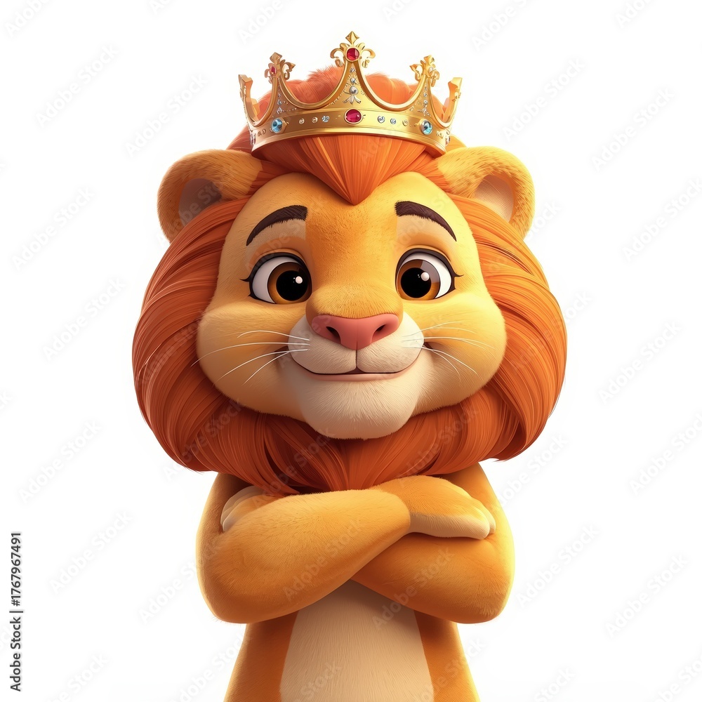 Fototapeta premium Cartoon Lion King with Golden Crown and Arms Crossed on White Background