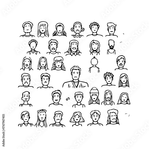 Diverse community portraits representing unity, inclusion, and variety drawn in a simple style for