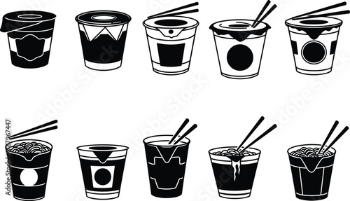 Black silhouette instant ramen noodle cup vector set, Asian fast food design with chopsticks, soup container illustration for restaurant menu