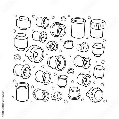 Doodle of cylindrical and ring shaped objects creates an interesting pattern for design elements
