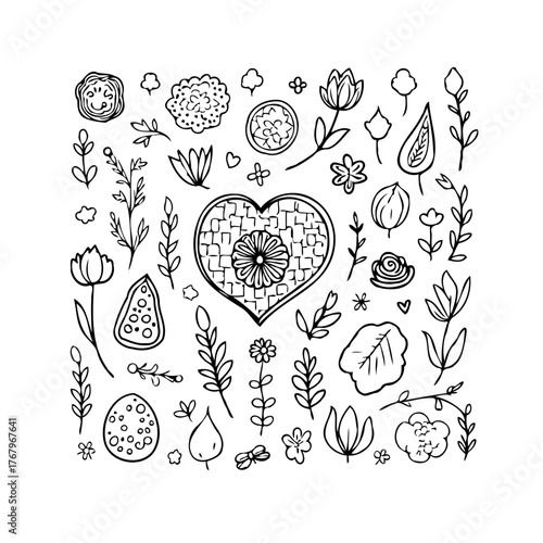 Doodle spring garden elements in floral design, hand-drawn botanical illustration and artistic