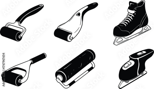 Black silhouette collection of lint rollers, ice skate shoes, and handheld irons, detailed vector illustration for cleaning and sports design