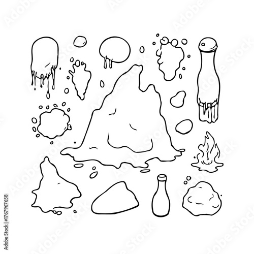 Doodle style creamy splash compilation: Illustration featuring diverse drips blobs and spills of a