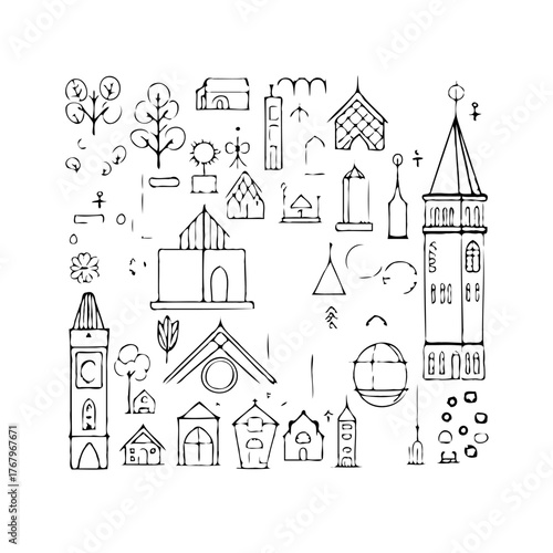 Doodle townscape with assorted homes and natural features for creative architectural exploration