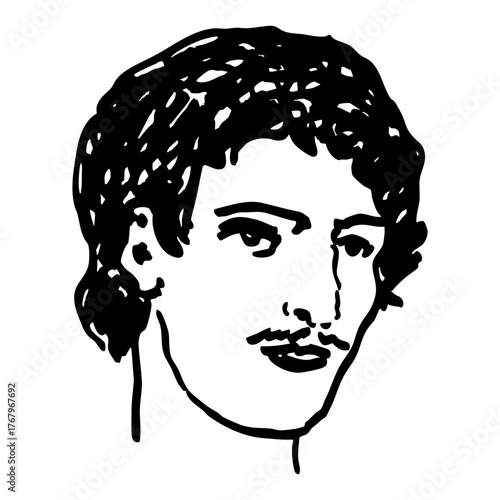 Giordano Bruno. Head of a handsome young man. Hand drawn linear doodle rough sketch. Black and white silhouette.