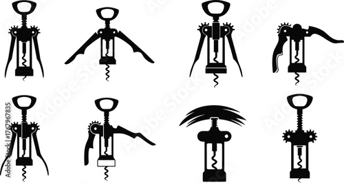Black corkscrew icons set, wine bottle opener, kitchen tool silhouette, vector illustration, bar accessory, screw pull design, white background