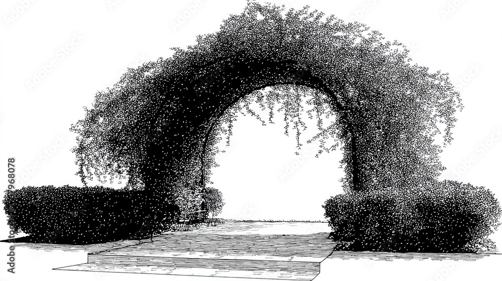 Fototapeta premium A lush floral archway with hedges and stone steps in black and white.